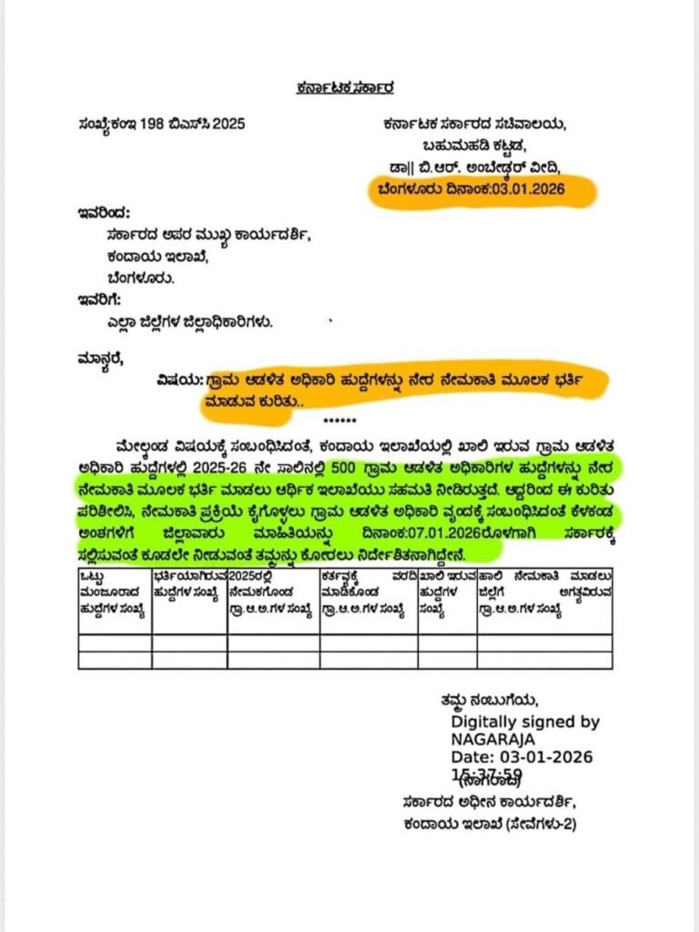 VAO Recruitment : ಕಂದಾಯ ಇಲಾಖೆಯಲ್ಲಿ 500 ಹೊಸ ಗ್ರಾಮ ಆಡಳಿತ ಹುದ್ದೆಗಳಿಗೆ ನೇರ ನೇಮಕಾತಿ 2026!